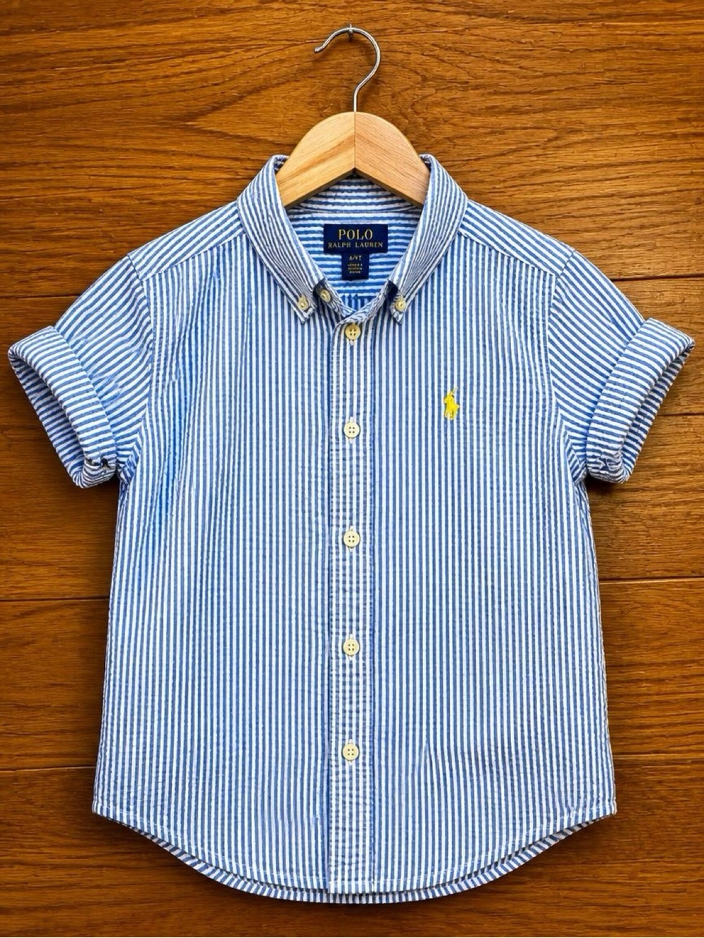 Polo Ralph Lauren Boys 4/4T Blue White Seersucker Stripe Button Down Shirt Pony